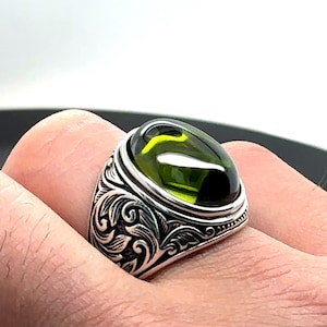 Olive Stone Ring , Engraved Green Stone Ring , Handmade Ring , Ottoman Style Handmade Ring , 925k Sterling Silver Ring , Gift For Him , Her