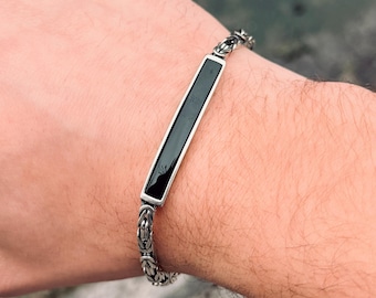 Zilveren zwarte onyx koning-byzantijnse armband, massief Byzantijnse koningsarmband, zwarte onyx-schakelarmband, massieve sterlingzilveren herenketting