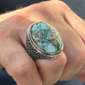 Silver Men Large Ring, Natural Turquoise Gemstone Ring, Ottoman Style Natural Turquoise Ring , Mens Handmade Ring , Men Handmade Silver Ring