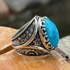 Silver Natural Turquoise Ring, Sterling Silver Engraved Men Ring, Vintage Men Turquoise Ring, Turkish Handmade Ring, Best Gift Men