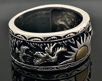 Silver Sun Model Band Ring , Vintage Unique Signet Ring , Handmade Eagle Ring , Unisex Sun Ring , 925k Handmade Sterling Silver Ring