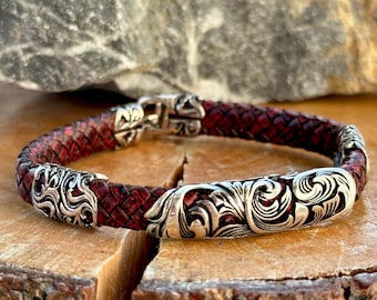 Silver Leather Bracelet Unique Red Leather Silver Bracelet Anniversary Gift for Men Vintage Bracelet 925k Sterling Silver Bracelet Etsy