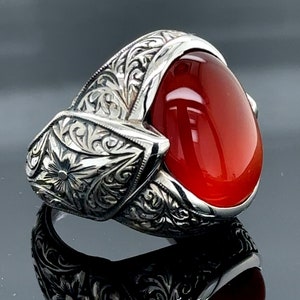 Mens Handmade Red Agate Ring , Turkish Handmade Red Agate Stone Ring, Dark Red Agate  Gemstone Ring , 925 Sterling Silver Ring ,Gift For Men