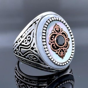 Silver Mother Of Pearl Signet Ring, Men Genuine Pearl Mens Ring, Silver Engraved Mother Of Pearl Ring, Ottoman Style Ring , 925k Silver