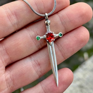 Silver Sword Pendant , Silver Ruby And Emerald Sword Necklace , 925 Silver Warrior Necklace , Unisex Silver Sword Pendant , 925k Silver