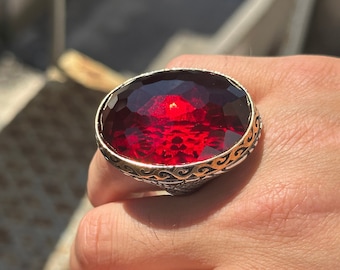 Silver Handmade Large Ruby Ring ,Large Big Red Stone Ring , Zircon Stone Ring , 925k Sterling Silver Ring , Gift For Him, Father Day Gift