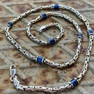 Silver Sapphire Gemstone Byzantine Chain, 5MM Round King Chain Necklace, Solid Silver Gemstone Bali Chain, Mens Silver Chain, Gift For Him
