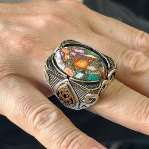 Silver Large Multicolor Turquoise Ring , Men Handmade Large Ring, Natural Turquoise Gemstone Ring, Ottoman Style Ring , Mens Handmade Ring