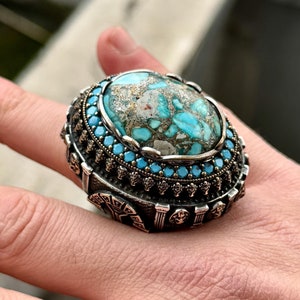 Mens Silver Turquoise Ring, Handmade Large Ottoman Style Turquoise Ring, Engraved Men Sterling Silver Ring, Men Vintage Ring, Gift for Him