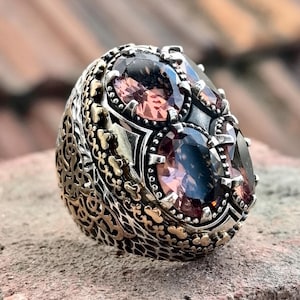 Large Men Silver Sultanite Ring , Silver Large Ottoman Style Handmade Ring , Ottoman Style Turkish Handmade Ring , 925k Sterling Silver Ring