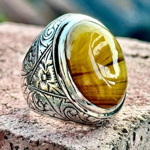 Men Handmade Ring, Engraved Yellow Agate Ring, Aqeeq Gemstone Ring , Genuine Yellow Agate Men Vintage Ring, Father Day Gift, 925k Silver
