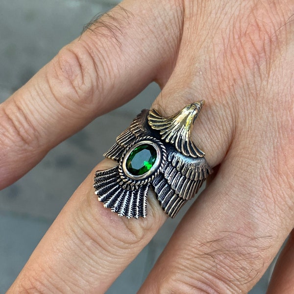 Men Silver Eagle Ring , Emerald Stone Eagle Ring , Wild Eagle Ring , Silver Animal Ring , Biker Rings , 925k Sterling Silver Ring