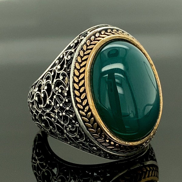 Bague homme à la main, bague agate verte, anneau ovale de pierre gemme d’Aqeeq, anneau vintage d’argent sterling, bijoux d’argent d’hommes, cadeau de jour du père