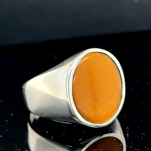 Classic Tiger Eye Signet Ring, Natural Brown Tiger Eye Ring, Minimal Mens Ring, Anniversary Gift, Husband Gift, 925 Sterling Silver