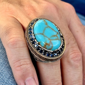 Men Silver Turquoise Stone Ring , Large Signet Men Ring , Ottoman Style Handmade Ring , 925k Sterling Silver Ring , Gift For Him
