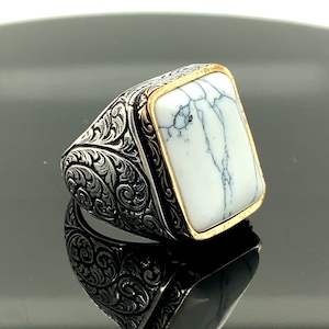 Sterling Silver Ring , White  Turquoise Stone, Men Rings , Natural Stone ,  Handcrafted Ottoman Men Ring , Turkish handmade , Gift for Him,