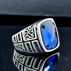 Men Silver Sapphire Blue Stone Ring, Blue Sapphire Men&#39;s Ring, Unique Handmade Men Ring, Statement Ring, 925 Sterling Silver, Gift For Him