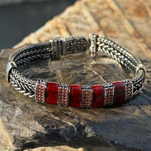 Silver Handmade Natural Ruby Stone Bracelet, Red Gemstone Foxtail Bracelet, Anniversary Gift, Bracelet For Men, 925 Sterling Silver