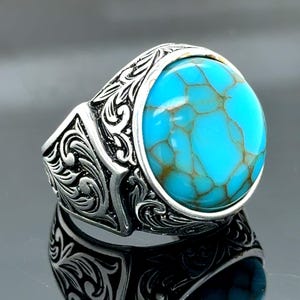 Silver Turquoise Gemstone Ring, Mens Turkish Turquoise Signet Ring, Ottoman Style Handmade Ring, Sterling Silver Ring, 925 Sterling Silver