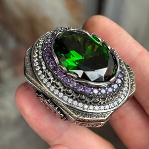 Men Silver Green Emerald Stone Ring, Amethyst And Emerald Gemstone Large Ring, Vintage Large Ring, Turkish Ottoman Style Ring, Gift For Him