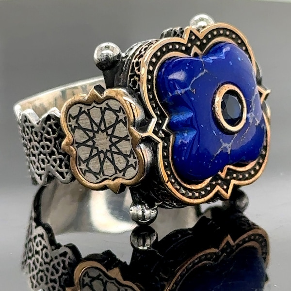 Bague Lapis Lazuli naturelle, bague Lapis carrée argentée, bague Lapis faite à la main turque, bague Lapis Lazuli bleue, bague en argent sterling 925k