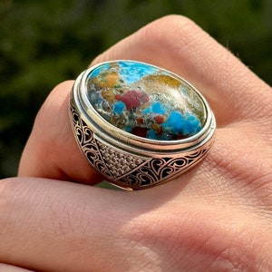 Men Silver Large Turquoise Ring, Mens Turquoise Gemstone Ring, Natural Turquoise Ring, Turkish Handmade Silver Ring, Gift For Men