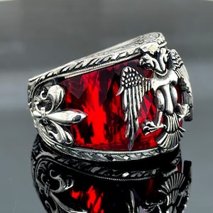 Men Silver Double Eagle Ring, Ruby Gemstone Eagle Engraved Ring, Red Gemstone Men Ring, Eagle Signet Men Ring, Hand Engraved Ring, Men Gift