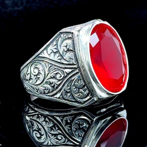 Natural Ruby Men Ring , Ruby Stone Hand Engraved Ring, Men Handmade Red Ruby Gemstone Ring, Father Day Gift, Gift For Husband, 925k Silver