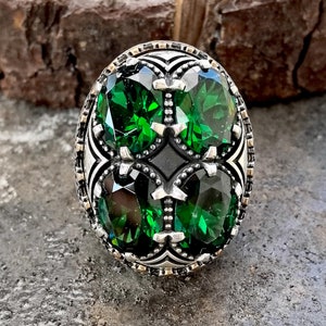 Mens Silver Large Emerald Ring, Men Green Stone Ring , Unique Ottoman Style Men Ring, Gift for Him, 925k Sterling Silver Ring, Gift For Men