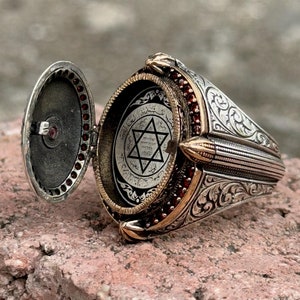 Zilveren zegelring voor heren, Geheime ring gebedsdoos, ring koning Salomo, pillendoosje zilveren ring, robijnsteen herenring, 925 sterlingzilver