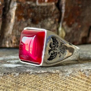 Men Silver Eagle Figured Ruby Ring, Red Gemstone Mens Ring, Classic Square Ruby Ring, Mens Signet Ring, Ottoman Style Ring, 925 Silver
