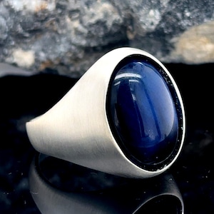 Men Blue Tiger Eye Ring, Oval Classic Tiger Eye Signet Ring, Natural Gemstone Ring, Pinky Men Ring, Minimal Signet Ring, 925 Silver