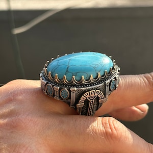 Mens Silver Turquoise Ring, Handmade Large Ottoman Style Turquoise Gemstone Ring, Men Sterling Silver Ring, Men Vintage Ring, Gift for Him