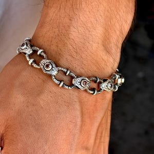 Mens Engraved Silver Chain Bracelet, Sultanite Gemstone Artisan Chain Link Men Bracelet, Handmade Byzantine Chain Bracelet, 925k Silver