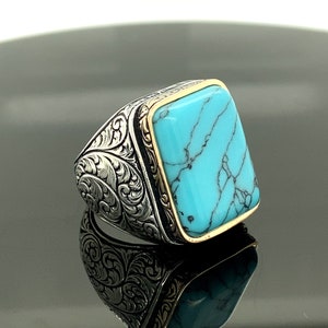 Anel de prata esterlina, pedra turquesa, anéis masculinos, pedra natural, anel masculino otomano feito à mão, feito à mão turco, presente para ele,