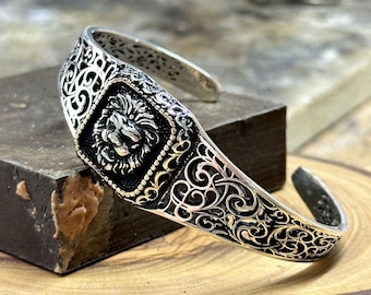 Handmade Sterling Silver Lion Head Bracelet - Adjustable Animal
