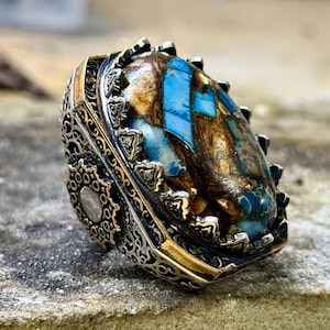 Mens Silver Turquoise Ring, Large Ottoman Style Turquoise Gemstone Ring, Men Sterling Silver Ring, Men Vintage Ring, Gift for Him, Gift Men