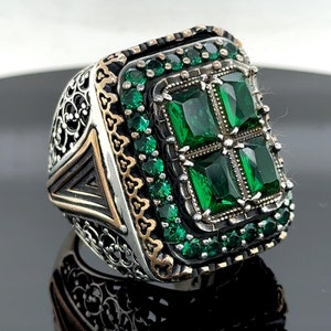 Men Unique Emerald Stone Ring , Square Large Men Ring, Emerald Stone Ring , Ottoman Style Men Ring, Gift for Him, 925k Sterling Silver Ring