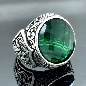 Men Silver Green Stone Ring, Men Silver Emerald Stone Ring , Sterling Silver Vintage Ring , Men Silver Jewelry , Anniversary Gifts for Him