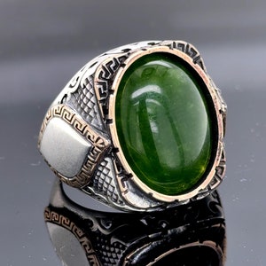 Silver Natural Jade Stone Ring, Greek Style Men Handmade Ring, Men Green Gemstone Ring, Oval Jade Ring, Gift For Men, 925k Sterling Silver