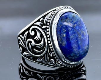 ＊NEW＊トルコ製 ハンドメイド メンズリング シルバー925（ラピスラズリ） 天然ラピスラズリリング、メンズトルコハンドメイドラピスラズリリング