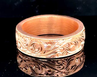 Alianza de boda de plata grabada, alianza floral única de oro rosa, alianza vintage de plata grabada para hombre, alianza unisex de plata de 925 k.