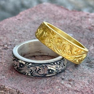 Vintage Engraved Silver Wedding Band, Unique Floral Wedding Band, Men Engraved Band, Promise Engagement Wedding Band, 925k Sterling Silver