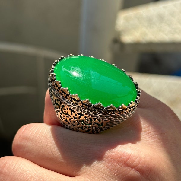 Man Green Jade Stone Ring , Silver Large Stone Ring , Ottoman Style Embroidered Ring , Turkish Handmade Sterling Silver Ring , Gift For Him