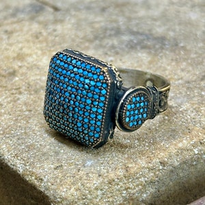 Anillo cuadrado de plata turquesa, anillo de piedra preciosa micro turquesa unisex, anillo de piedra preciosa natural, anillo de plata de ley de 925 k, regalo para hombres