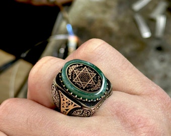 Anillo de sello de Salomón para hombres, sello de plata del anillo de Salomón, anillo de estrella de David, rey Salomón, anillo de plata hecho a mano de ley de 925k, plata de 925k