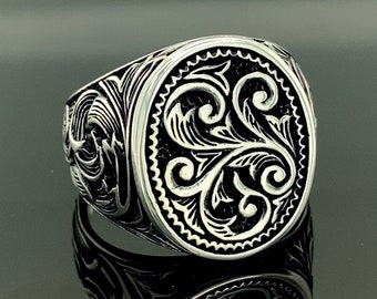 Bague pour hommes brodée en argent, bijoux ottomans, cadeau fabriqué en Turquie pour elle, argent 925 carats