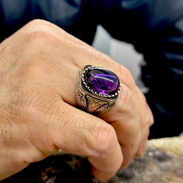 Silver Amethyst Men's Ring , Engraved Amethyst Ring,  Mens Handmade Ring, Turkish Handmade Silver  Ring, 925k Sterling Silver , Gift For Him