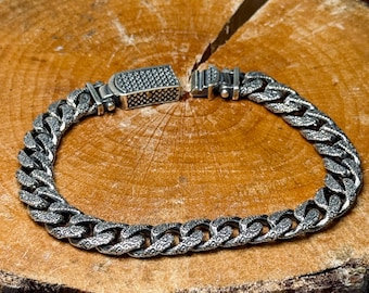 925 Sterlingsilber oxidiert Panzerkettenarmband, graviertes Kettenarmband, schweres Kettenarmband, Herrenjubiläumsarmband, Miami Cuban Chain