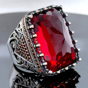 Silver Handmade Ruby Ring, Mens Silver Red Gemstone Ruby Ring, Turkish Handmade Men Ring, Large Red Stone Ring, 925 Sterling Silver Ring